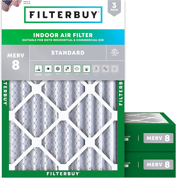 Filterbuy 18x20x4 Air Filter MERV 8 Essential Dust & Allergy Defense (3-Pack), Electrostatic Pleated HVAC AC Furnace Filters Replacement, Made in USA (Actual Size: 17.50 x 19.50 x 3.63)
