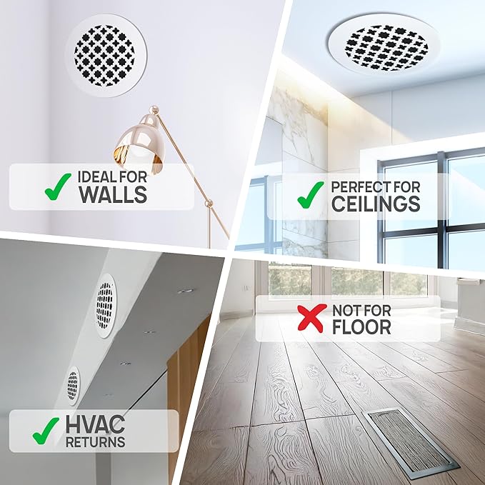 SABA Home Decor Air Vent Cover Grille - Acrylic Plexiglass 8 Round Duct Opening (10 Round Overall) White Finish Decorative Register Covers for Walls and Ceilings NOT for Floor USE, Venetian (1PCs)
