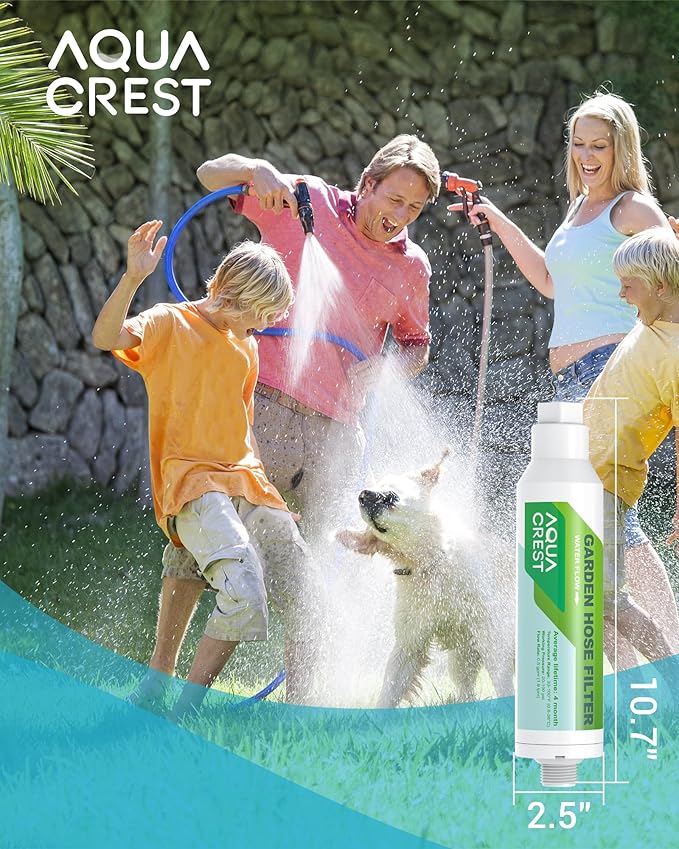 AQUA CREST Garden Hose Water Filter for Plants, Greatly Reduces Chlorine, Odor, Improve Plants Health, Ideal for Organic Gardening, Farming and Pets, Pack of 2, with Hose Protector