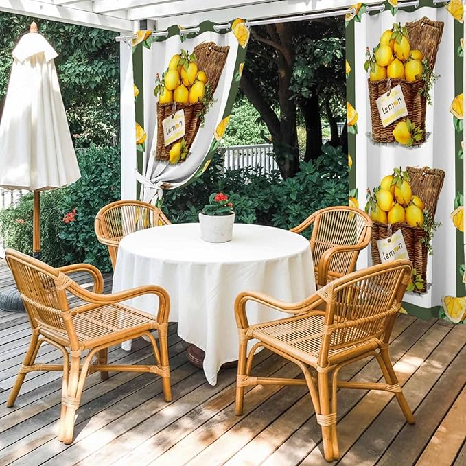 Lemon Outdoor Curtains for Patio Lemons in Baskets Summer Tropical Plants Green Waterproof Outside Curtains with Grommet Top Weatherproof Curtain for Cabana Pergola Gazebo, 1 Panel, 54" W x 84" L