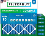 Filterbuy 20x20x2 Air Filter MERV 13 Optimal Smoke & Allergy Defense (6-Pack), Electrostatic Pleated HVAC AC Furnace Filters Replacement, Made in USA (Actual Size: 19.50 x 19.50 x 1.75)