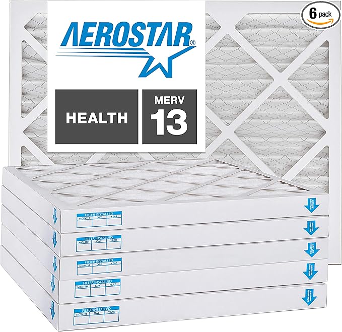 Aerostar 12x12x2 MERV 13-6 Count - Pleated Furnace & Air Conditioner Filters - Removes Bacteria, Dust, Cold & Flu Germs, Lint, Mold, Pet Dander, Allergy-Causing Pollen, Smog, Smoke & Viruses