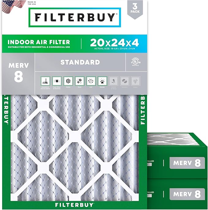 Filterbuy 20x24x4 Air Filter MERV 8 Essential Dust & Allergy Defense (3-Pack), Electrostatic Pleated HVAC AC Furnace Filters Replacement, Made in USA (Actual Size: 19.38 x 23.38 x 3.63)