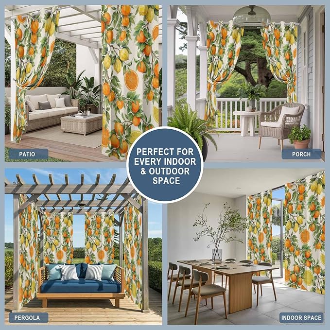 Lemons Yellow Orange Summer Plant Linen Outdoor Curtains for Patio Waterproof Outside Curtains with Grommet Top Weatherproof Curtain for Cabana Pergola Gazebo, 2 Pack, 54" W x 108" L