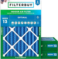 Filterbuy 20x25x4 Air Filter MERV 13 Optimal Smoke & Allergy Defense (3-Pack), Electrostatic Pleated HVAC AC Furnace Filters Replacement, Made in USA (Actual Size: 19.50 x 24.50 x 3.63)