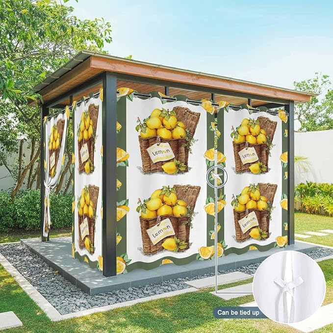 Lemon Outdoor Curtains for Patio Lemons in Baskets Summer Tropical Plants Green Waterproof Outside Curtains with Grommet Top Weatherproof Curtain for Cabana Pergola Gazebo, 2 Pack, 54" W x 108" L