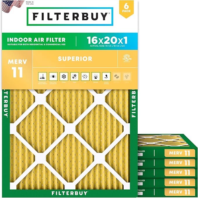 Filterbuy 16x20x1 Air Filter MERV 11 Superior Pet & Allergy Defense (6-Pack), Electrostatic Pleated HVAC AC Furnace Filters Replacement, Made in USA (Actual Size: 15.50 x 19.50 x 0.75)