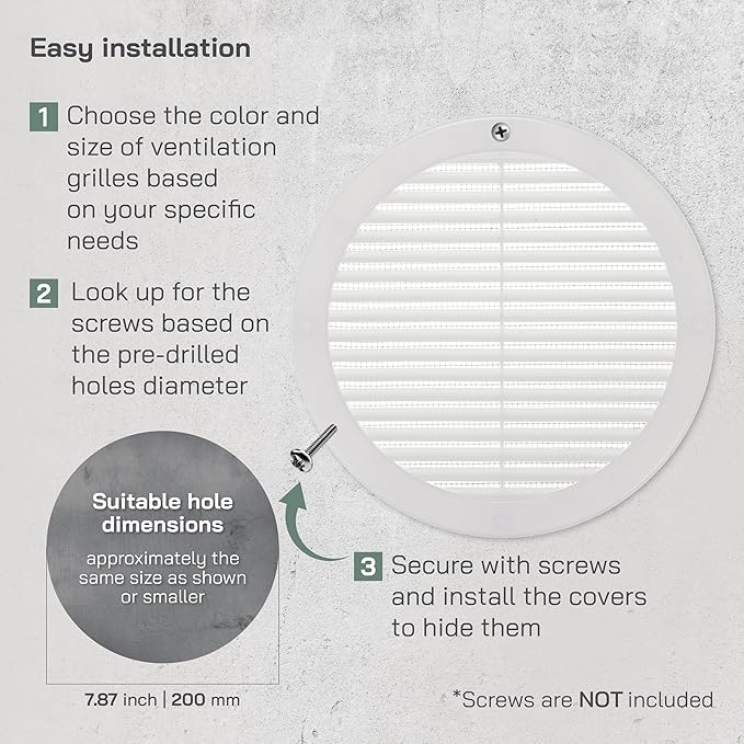 Vent Systems 8" Inch (Opening Dimensions) - Pack of 2 - White Soffit Vent Cover - Plastic Round Air Vent Grille - Built-in Mesh Screen - HVAC Register Louver for Bathroom, Home, Kitchen