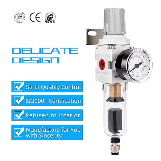 NANPU 1/4" NPT Compressed Air Filter Regulator Combo Piggyback, Auto Drain, 5 Micron Brass Element, Poly Bowl, Metal Bracket, 0-150 psi Gauge