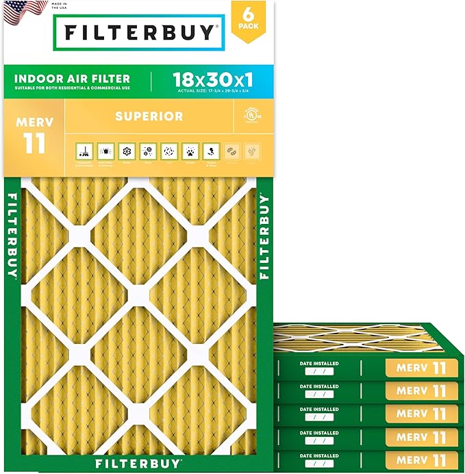 Filterbuy 18x30x1 Air Filter MERV 11 Superior Pet & Allergy Defense (6-Pack), Electrostatic Pleated HVAC AC Furnace Filters Replacement, Made in USA (Actual Size: 17.75 x 29.75 x 0.75)