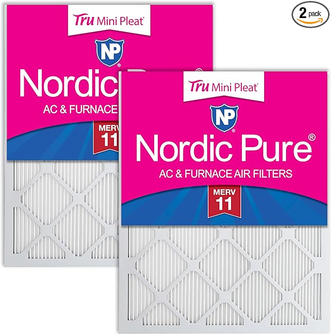 Nordic Pure 25x25x1 (Actual Size: 24 1/2 x 24 1/2 x 3/4) Tru Mini Pleat MERV 11 AC Furnace Air Filters – 2.5X More Media for Extended Durability & Superior Filtration - 2 Pack