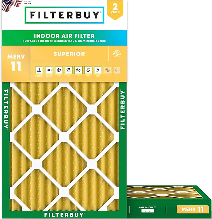 Filterbuy 15x30x2 Air Filter MERV 11 Superior Pet & Allergy Defense (2-Pack), Electrostatic Pleated HVAC AC Furnace Filters Replacement, Made in USA (Actual Size: 14.50 x 29.50 x 1.75)
