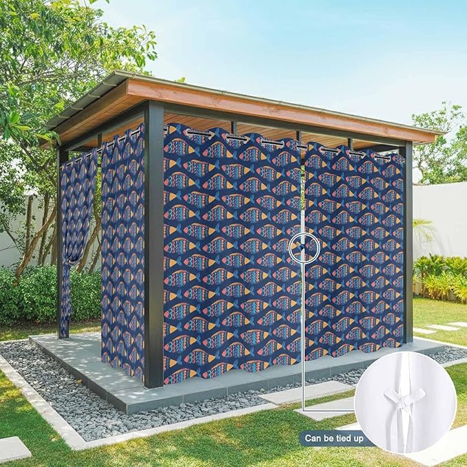 Fish Outdoor Curtains for Patio Vintage National Wind Fish Blue Waterproof Outside Curtains with Grommet Top Weatherproof Curtain for Cabana Pergola Gazebo, 1 Panel, 54" W x 95" L