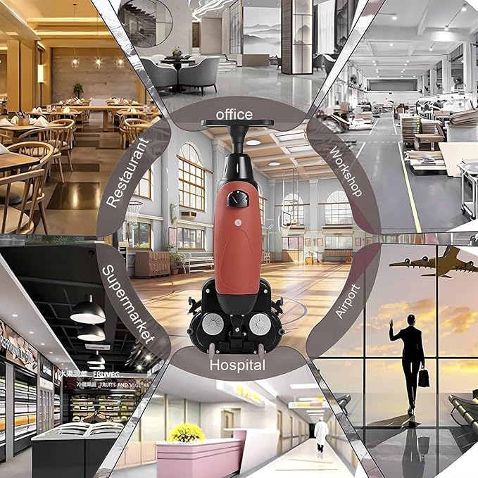 Rechargeable Floor Cleaner and Wet Dry Floor Machine, 17" Commercial Floor Scrubber, Dual-Brush Heads, Cordless Electric Floor Mop Cleaning Capacity 13000 Sqft/H, for Villa Hospital Office Red