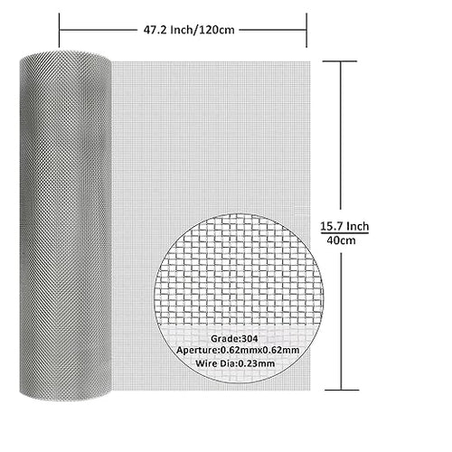 304 Stainless Steel Mesh Screen#30Mesh -Size:15.7"x47.2"(40x120cm), for Home, Garden and Farm. Window or Door Filter, Guards Against Pests Like Mice, Snakes, and Rodents. Easy to Cut and Install.