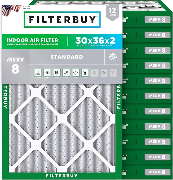 Filterbuy 30x36x2 Air Filter MERV 8 Essential Dust & Allergy Defense (12-Pack), Electrostatic Pleated HVAC AC Furnace Filters Replacement, Made in USA (Actual Size: 29.81 x 35.81 x 1.75)