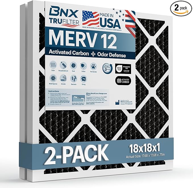 BNX TruFilter 18x18x1 MERV 12 Odor Defense (2-Pack) AC Furnace Air Filter with Activated Carbon - MADE IN USA - Pleated Air Conditioner HVAC AC Furnace Filters - Removes Odor, Mold, Bacteria, Smoke