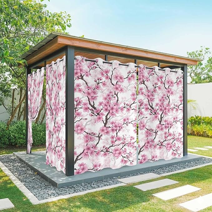 Cherry Flowers Outdoor Curtains for Patio Spring Flower Vintage Watercolor Waterproof Outside Curtains with Grommet Top Weatherproof Curtain for Cabana Pergola Gazebo, 1 Panel, 54" W x 108" L