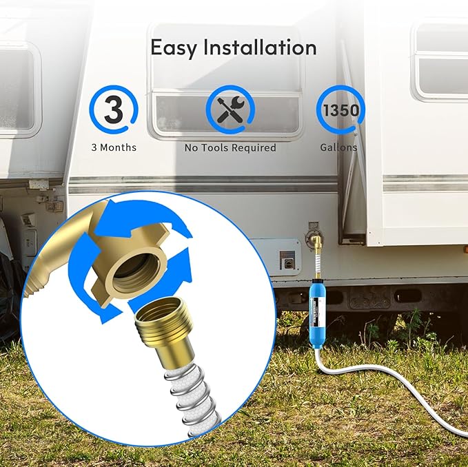 Lifefilter RV Inline Water Filter with Solid Brass 90 Degree Hose Elbow, Eliminates Stress and Strain On RV Water Intake Hose Fittings(4 Pack)