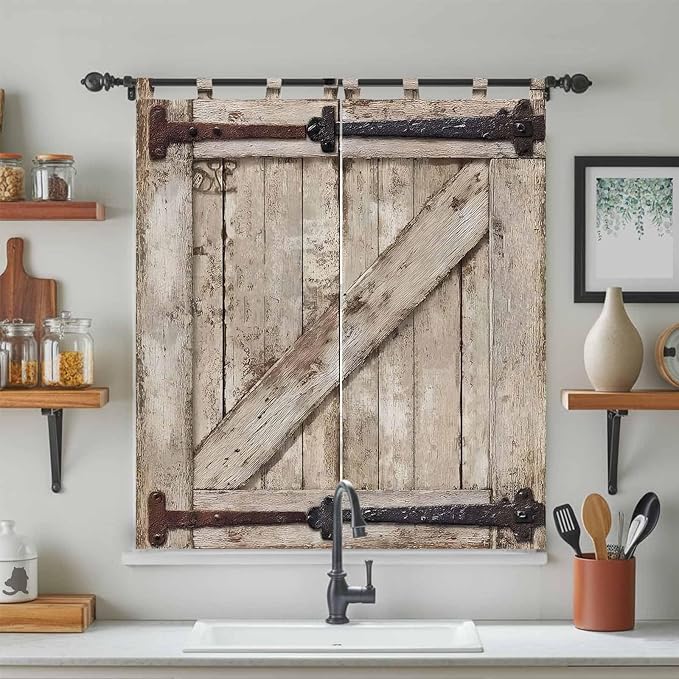 Farmhouse Wood Grain Bathroom Curtains 63 Inch Length, Window Curtains Tab Top, Vintage Country Barn Gate Brown Light Filtering Window Treatments Drapes 52"x63" 2 Panel