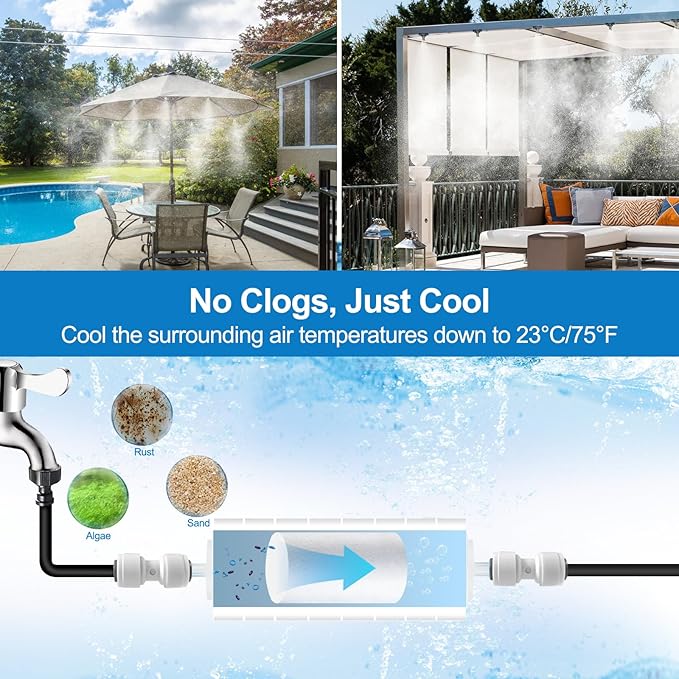 Misters for Outside Patio, Outdoor Water Misting Cooling System w Filter, 60FT|18M. Backyard Mist Kit for Garden, Greenhouse, Fan,Deck,Umbrella,Canopy,Pool,Porch,Trampoline,Park,BBQ Party Accessories