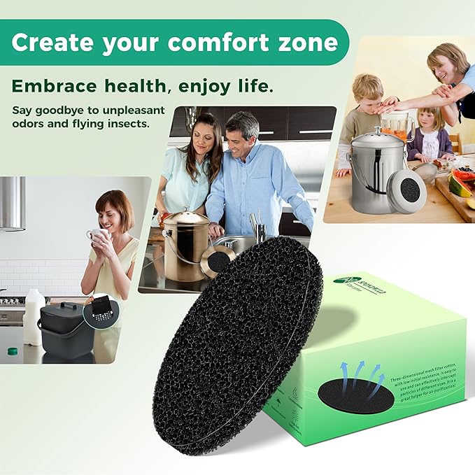 Polyurethane Activated Charcoal Filters -7 Pack 7.3 Inch Round Strong Odor Control Replacements for Kitchen and Countertop Compost Buckets/Bins