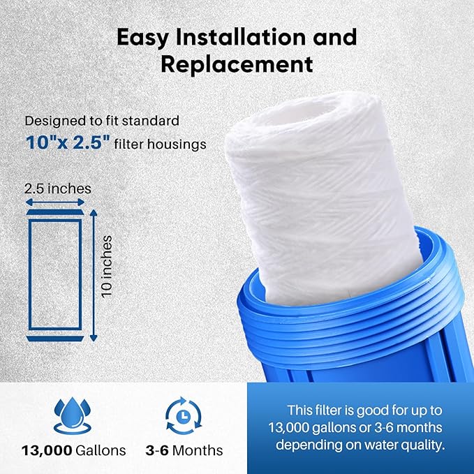 PUREPLUS 20 Micron 10"x2.5" Whole House String Wound Sediment Filter for Well Water, Replacement Cartridge for Universal 10 inch RO System, WP-5, Aqua-Pure AP110, CFS110, Culligan P5,WFPFC4002, 6Pack