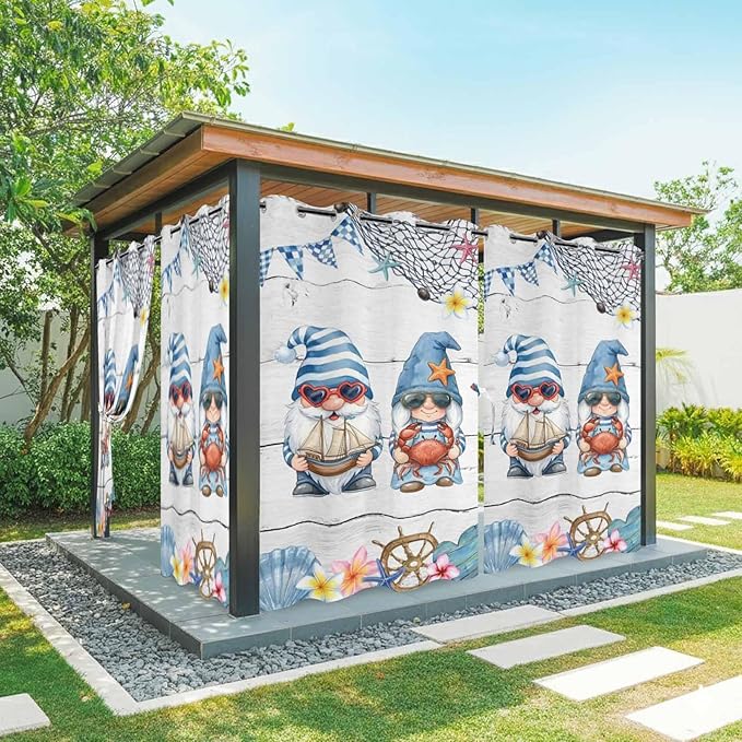 Ocean Gnome Outdoor Curtains for Patio Summer Marine Plumeria Shell Wooden Waterproof Outside Curtains with Grommet Top Weatherproof Curtain for Cabana Pergola Gazebo, 2 Pack, 54" W x 95" L