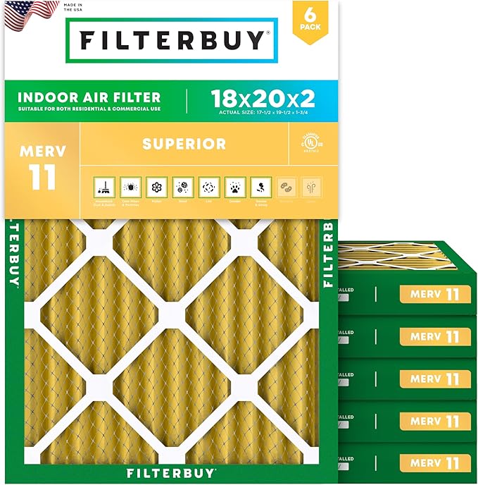 Filterbuy 18x20x2 Air Filter MERV 11 Superior Pet & Allergy Defense (6-Pack), Electrostatic Pleated HVAC AC Furnace Filters Replacement, Made in USA (Actual Size: 17.50 x 19.50 x 1.75)