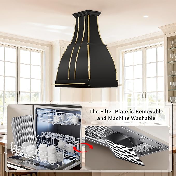 CHETTO C Stainless Steel Range Hood Cover with 4-Speed Vent Hood Insert Custom Handmade Metal Kitchen Fan with Towel Rack LED Light 48"W x27"D x51"H Black Island Mount
