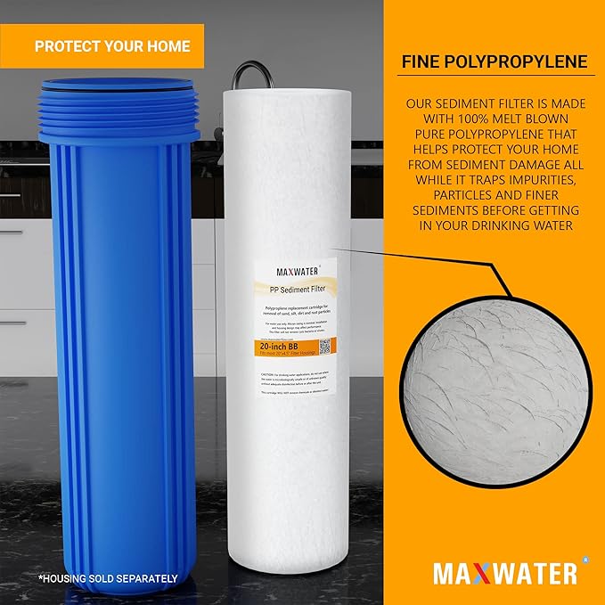 Max Water 20" x 4.5" 10 Micron Sediment Water Filter, Whole House Water Filter Replacement Cartridge, Melt Blown Polypropylene (PP), Fits Any Standard 20 Inch Filter Housing, 2 Pack