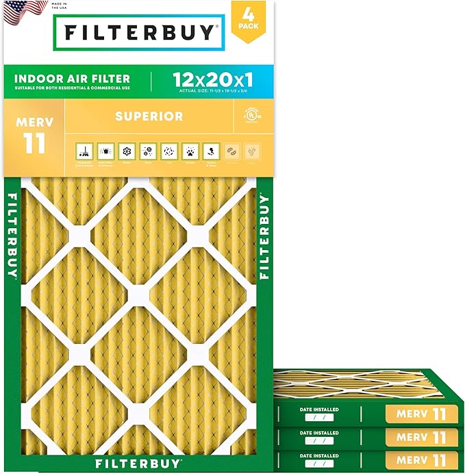 Filterbuy 12x20x1 Air Filter MERV 11 Superior Pet & Allergy Defense (4-Pack), Electrostatic Pleated HVAC AC Furnace Filters Replacement, Made in USA (Actual Size: 11.50 x 19.50 x 0.75)