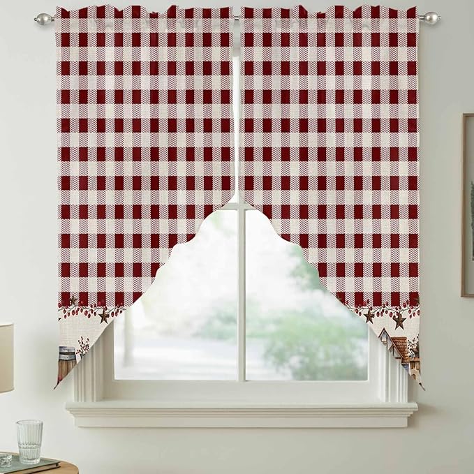 Swag Curtain Valances for Kitchen Windows,Farm Barn Western Star on Vintage Short Rod Pocket Window Valance,Red Buffalo Plaid Swag Topper for Bedroom Living Room,2 Panels 36x45in