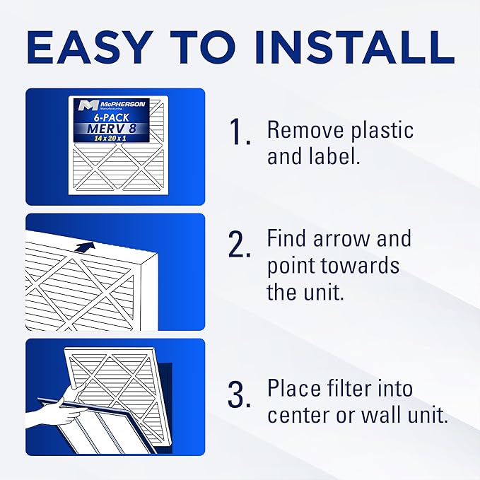 16x20x1 Air Filters, MERV 8 Pleated HVAC AC Furnace Filter Replacement, For Home and Commercial Use, Dust, Pet, & Lint, Made In USA, Easy Install (6 Pack)