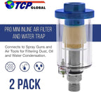 TCP Global Mini In-Line Air Filter (2 Pack) - Water & Oil Separator with Drain Valve - Water Trap, Air Dryer, Removes Moisture, Dirt - Use on Compressor Hose, Pneumatic Tools, Paint Spray Guns