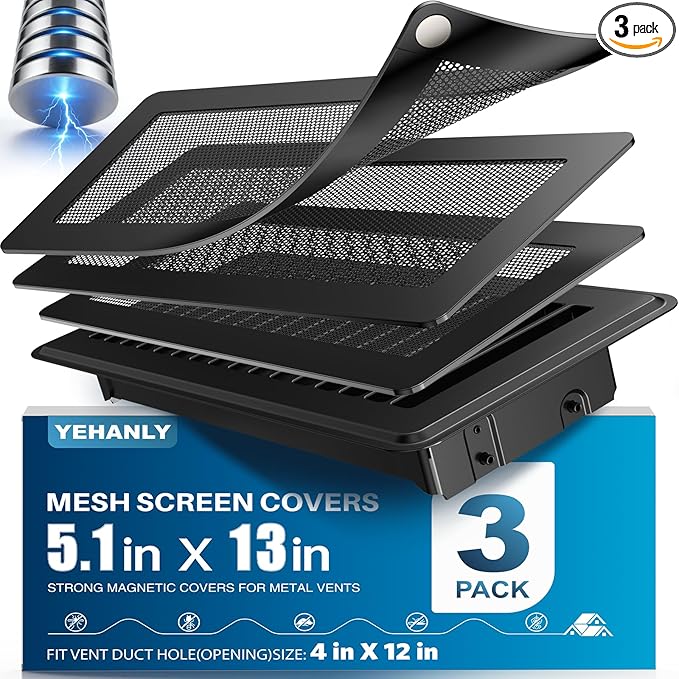 Magnetic Vent Covers with Vent Screen 5.1x13 Inch, Black Mesh Vent Covers for Floor, Wall, Ceiling Air Vents to Block Dust, Pet Hair, Fits Standard HVAC Floor Registers in Home, RV, 3 Pack