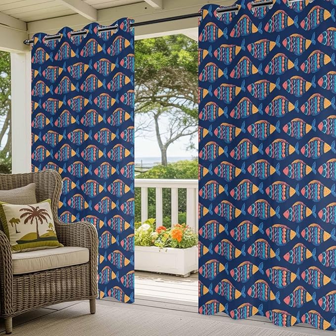 Fish Outdoor Curtains for Patio Vintage National Wind Fish Blue Waterproof Outside Curtains with Grommet Top Weatherproof Curtain for Cabana Pergola Gazebo, 2 Pack, 54" W x 95" L