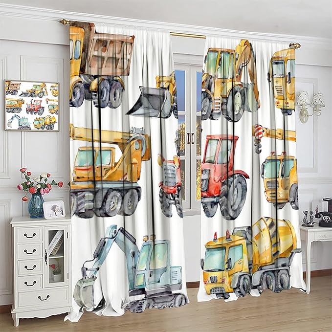 Kids Excavator Curtains, Retro Truck Tractor Machinery Construction Vehicle Crane Digger Mixer Rod Pocket Decorative Windows Curtain for Teens Girls Boys Room 63x63in (30% Blackout)