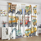 Kids Excavator Curtains, Retro Truck Tractor Machinery Construction Vehicle Crane Digger Mixer Rod Pocket Decorative Windows Curtain for Teens Girls Boys Room 63x63in (30% Blackout)