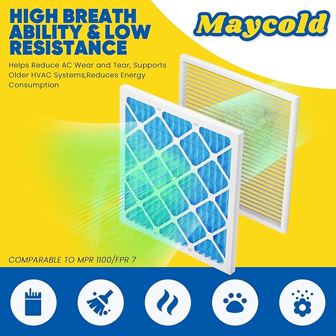 Maycold 16x25x1 MERV 11 Furnace Air Filter (6-Pack), High-Performance HVAC AC Filters for Home Use, Actual Size: 15.70” x 24.70” x 0.75”, Individually Wrapped in Plastic