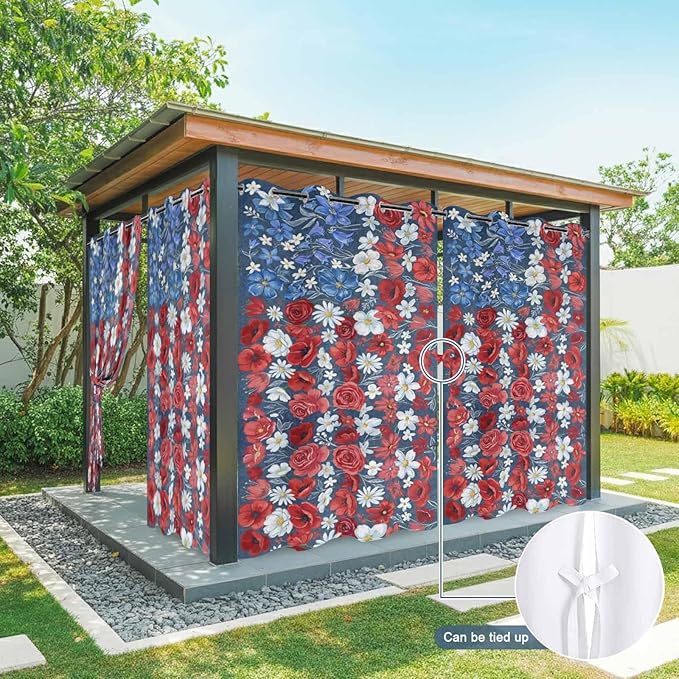 4th of July Outdoor Curtains for Patio Patriotic Flowers Farmhouse Red Waterproof Outside Curtains with Grommet Top Weatherproof Curtain for Cabana Pergola Gazebo, 1 Panel, 54" W x 84" L