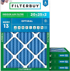 Filterbuy 20x25x2 Air Filter MERV 13 Optimal Smoke & Allergy Defense (4-Pack), Electrostatic Pleated HVAC AC Furnace Filters Replacement, Made in USA (Actual Size: 19.50 x 24.50 x 1.75)