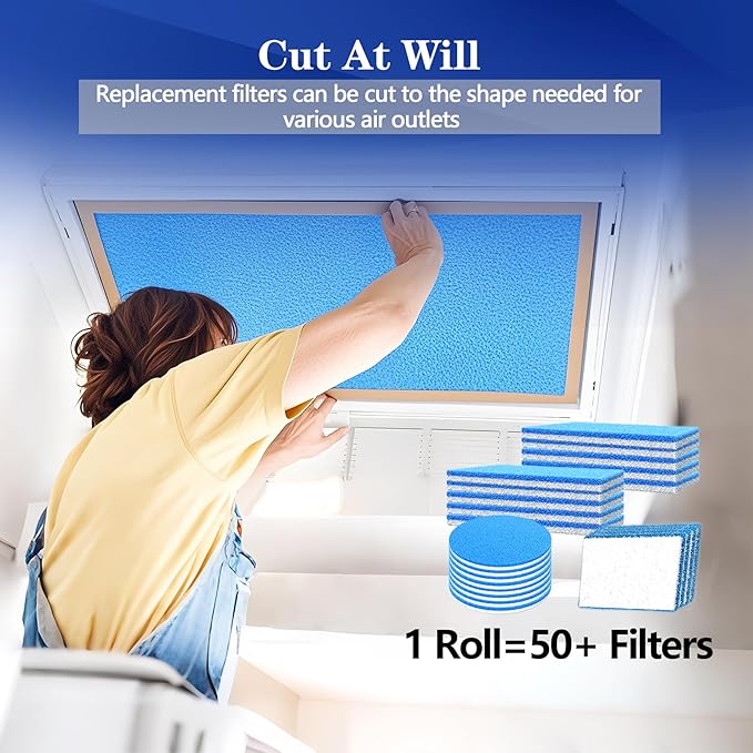 Air Vent Filters, 12"X120" Cut to Size Air Filter Material, MERV 8 Electrostatic Air Filter Roll, Blue & White Vent Filters for Home Floor, Rv Ac Vent, Ceiling, Refrigeration, HVAC Furnace Vent, Etc