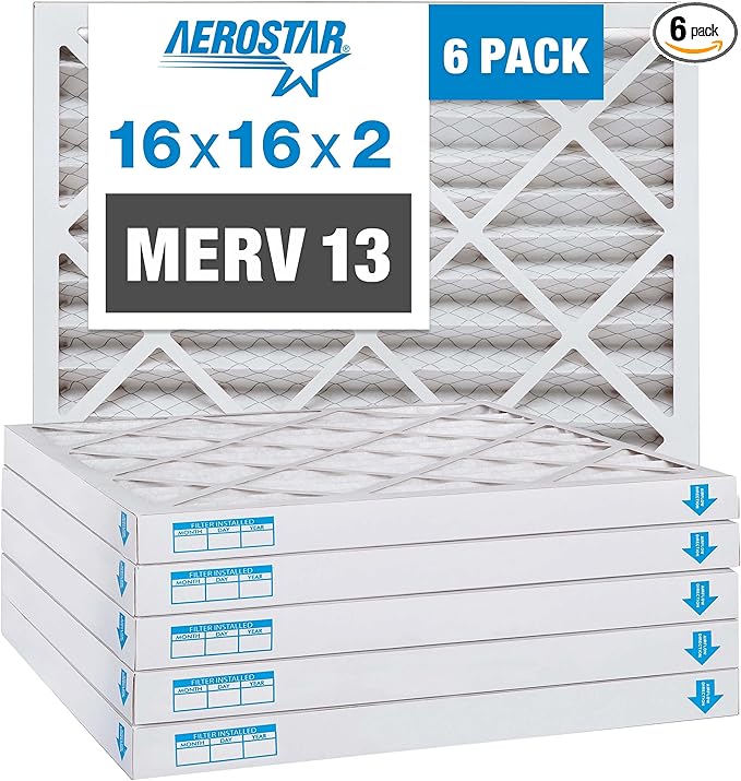 Aerostar 16x16x2 MERV 13, Pleated Air Filter, 16x16x2, Box of 6, Made in the USA