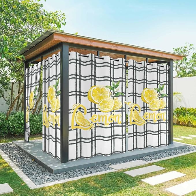 Lemon Outdoor Curtains for Patio Lemon Leaves Summer Plaid Buffalo Waterproof Outside Curtains with Grommet Top Weatherproof Curtain for Cabana Pergola Gazebo, 2 Pack, 54" W x 95" L