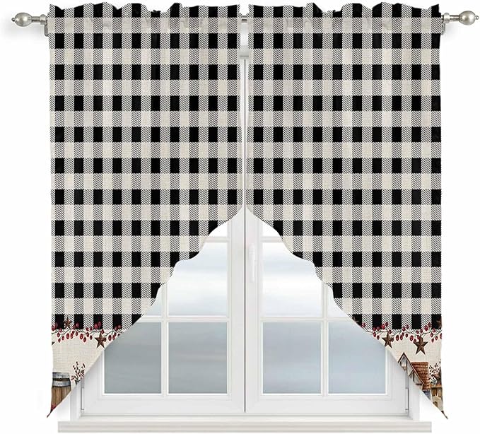 Swag Curtain Valances for Kitchen Windows,Farm Wooden House Black Buffalo Plaid Short Rod Pocket Window Valance,Western Star Swag Topper for Bedroom Living Room,2 Panels 28x36in