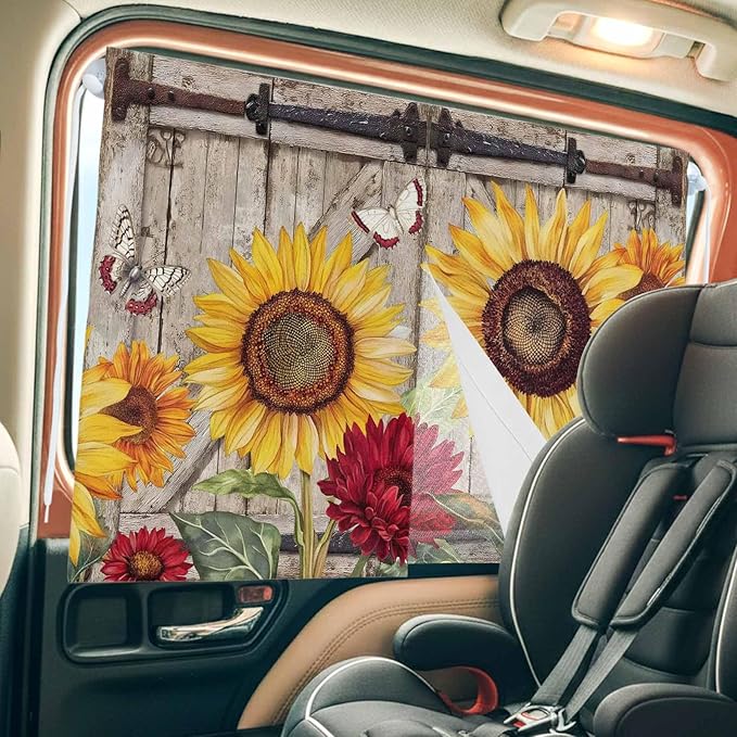 Sunflowers Magnetic Double Layer Car Window Shades,Side Window Curtains for Blackout/Breathable Mesh View,Retro Flower Barn Doors Butterfly Farmhouse Brown Heat Protection Sun Shades 26x20in 2pcs