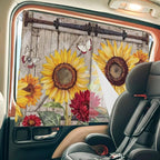 Sunflowers Magnetic Double Layer Car Window Shades,Side Window Curtains for Blackout/Breathable Mesh View,Retro Flower Barn Doors Butterfly Farmhouse Brown Heat Protection Sun Shades 26x20in 2pcs