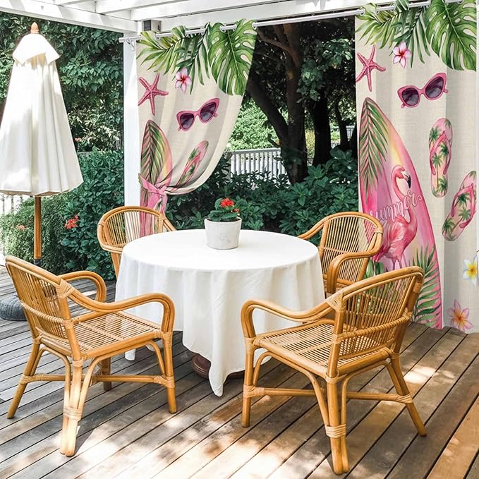 Summer Flamingbirds Outdoor Curtains for Patio Palm Leaves Plumeria Linen Waterproof Outside Curtains with Grommet Top Weatherproof Curtain for Cabana Pergola Gazebo, 1 Panel, 54" W x 108" L