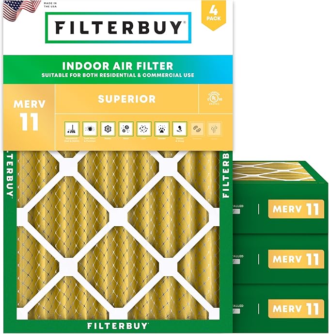 Filterbuy 20x23x4 Air Filter MERV 11 Superior Pet & Allergy Defense (4-Pack), Electrostatic Pleated HVAC AC Furnace Filters Replacement, Made in USA (Actual Size: 19.50 x 22.50 x 3.63)